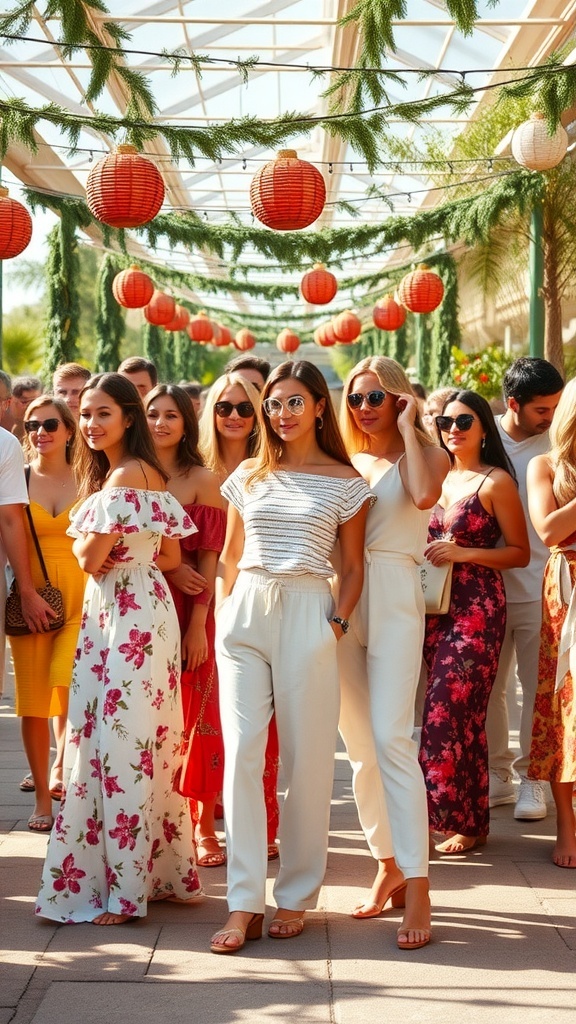 Stylish Christmas Outfits for Hot Weather People in stylish Christmas outfits for hot weather at an outdoor gathering.